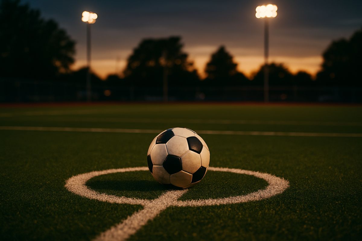 Soccer ball on the penalty spot at dusk