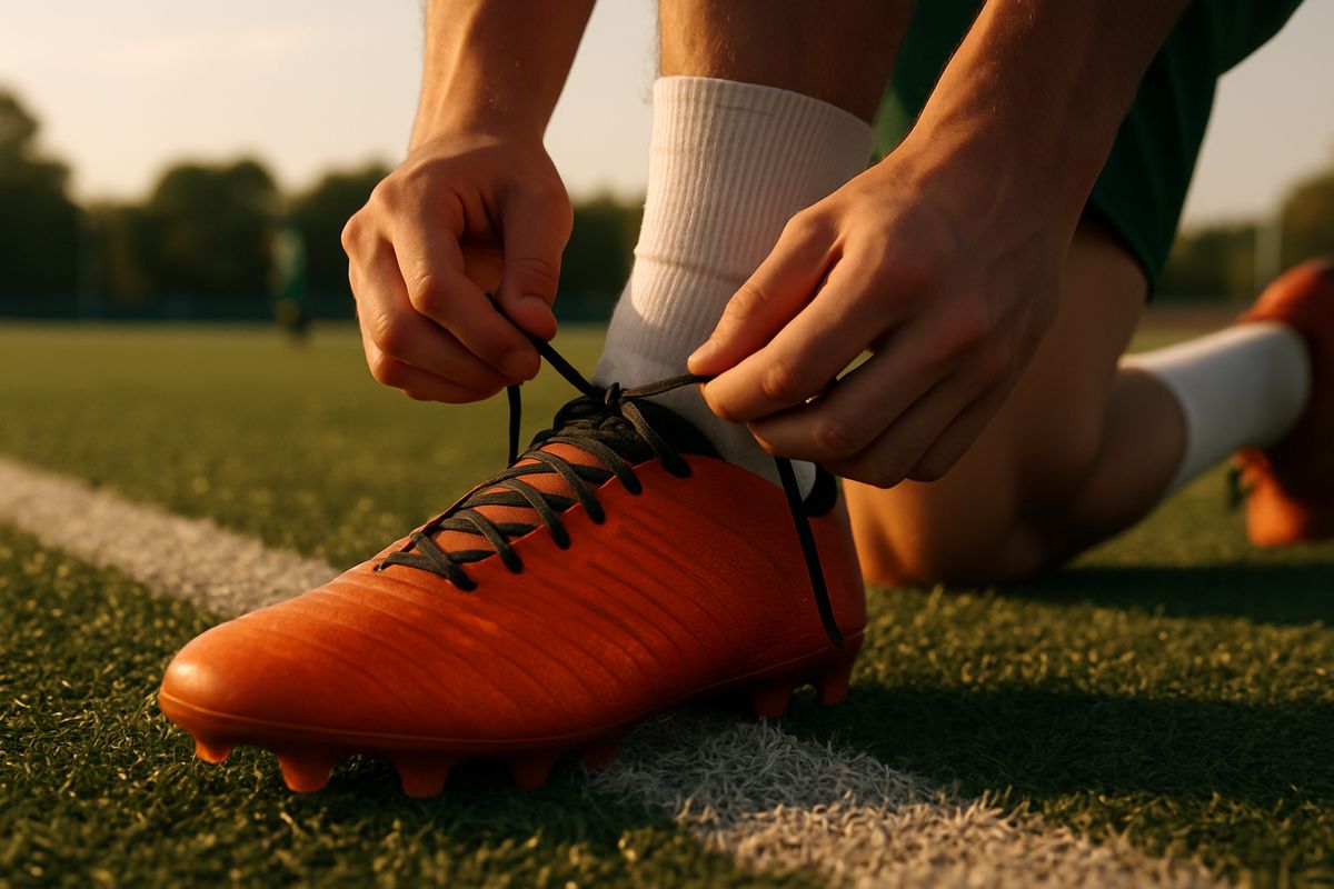 Lacing up cleats on the sideline
