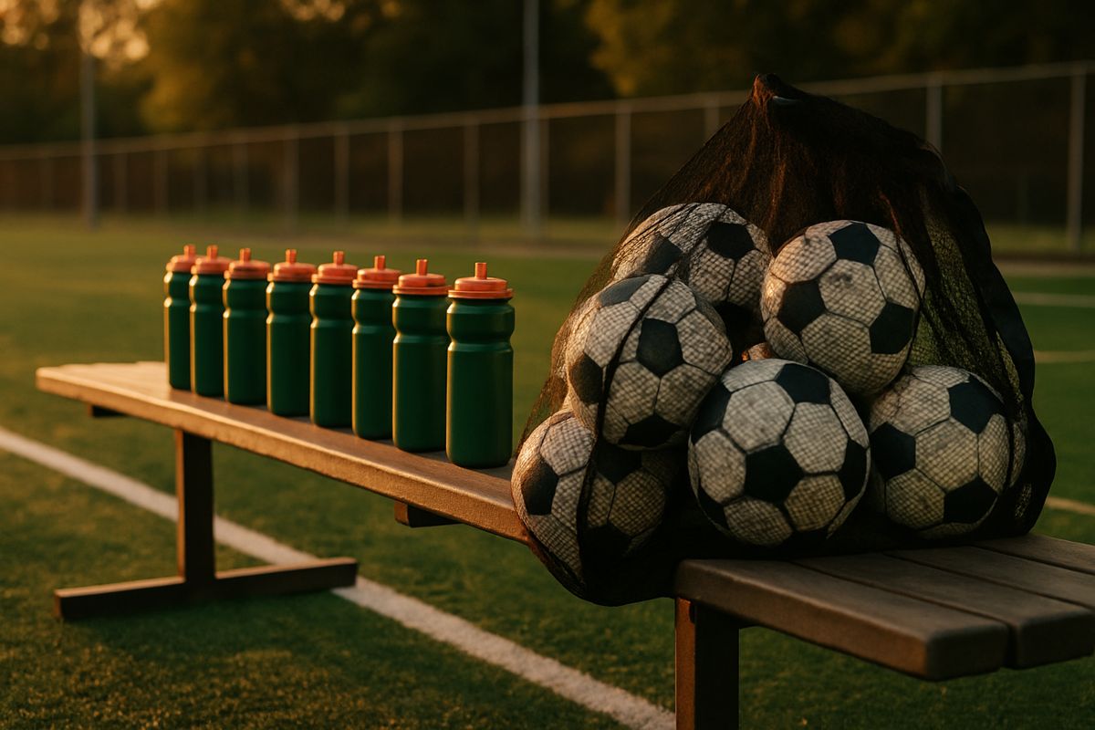 Water bottles and soccer balls on the bench