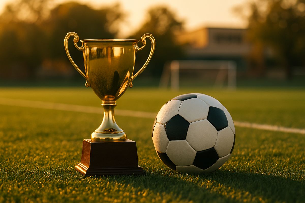 Championship trophy and soccer ball